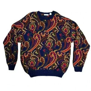 Claiborne Vintage Knitted by Hand Wool Paisley Wool Sweater Size XL